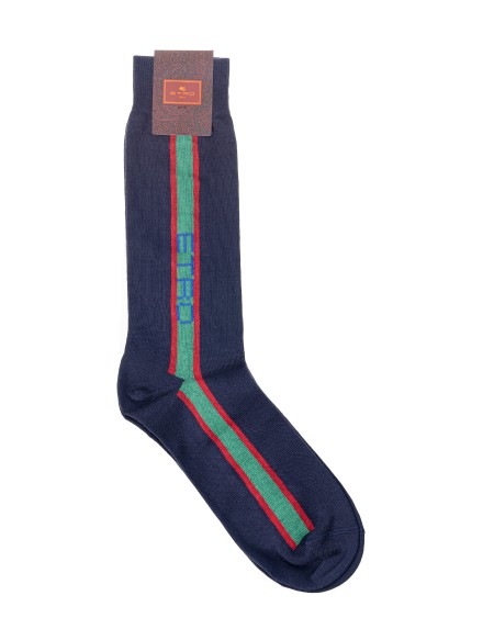 Shop ETRO  Calze: Etro jacquard stretch cotton socks, embellished with contrasting vertical line with logo.
Composition: 80% cotton, 20% polyamide.
Made in Italy.. 1T908 9033-0200